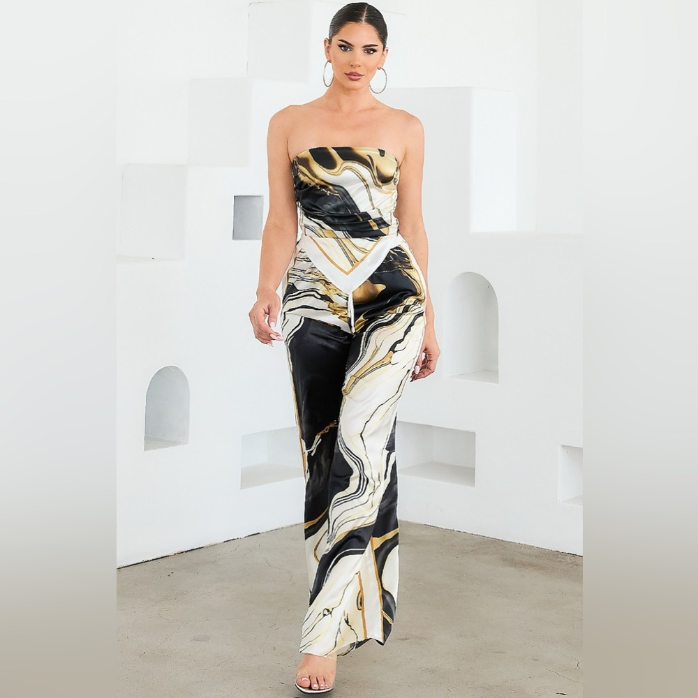 Her Bottari strapless satin scarf top and pants